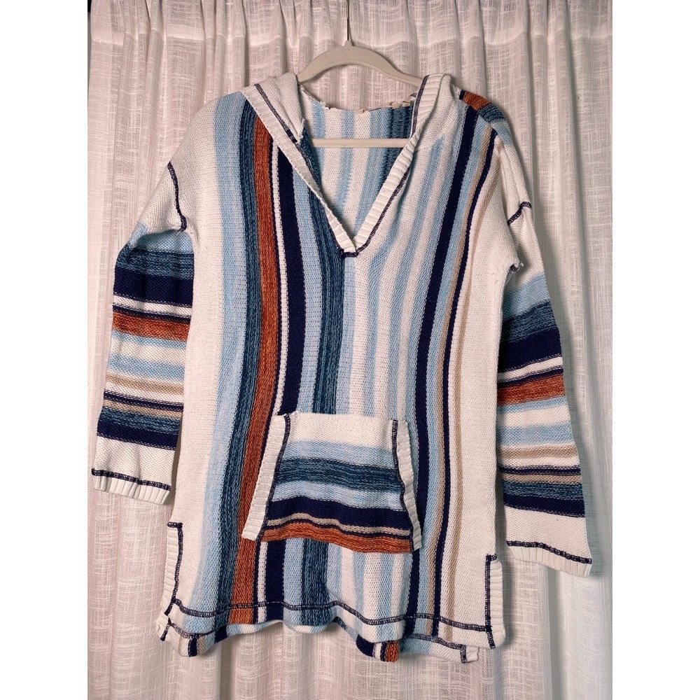 Soft Surroundings Just Beachy Poncho Blue/Brown Sweater Hoodie Top Size Medium